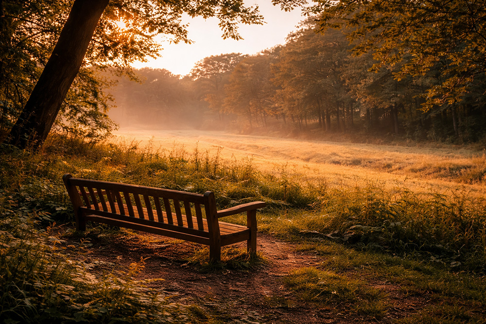 Houten bankje aan de rand van een mistig veld in de Brabantse natuur, met zacht ochtendlicht en bomen op de achtergrond