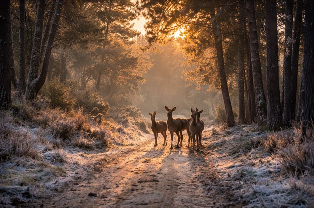 Reeën op een bospad tijdens een winterwandeling in de Kempen, omgeven door bomen en zachte ochtendzon