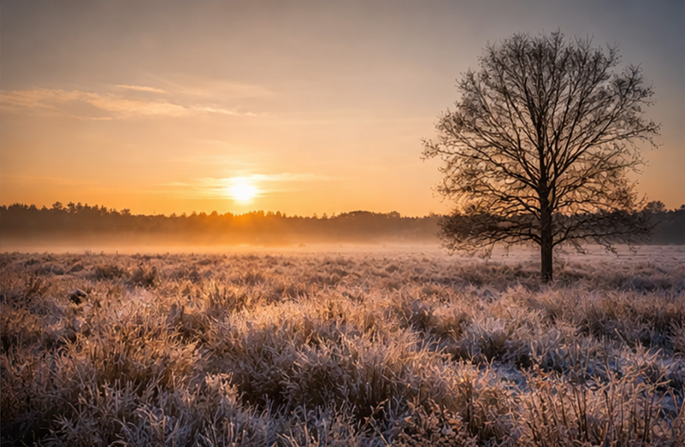 Winterse heide in de Brabantse Kempen bij zonsopkomst, met rijp op het landschap en een solitaire boom
