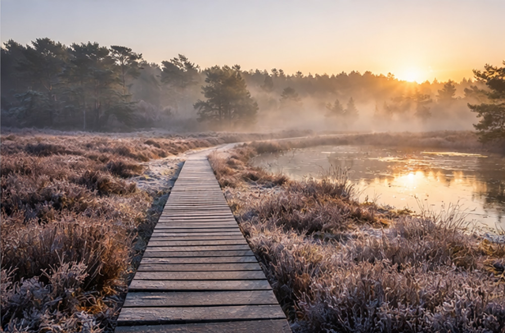 Winterwandeling over een vlonderpad door de heide in de Brabantse Kempen, met rijp op het gras en ochtendmist bij een ven