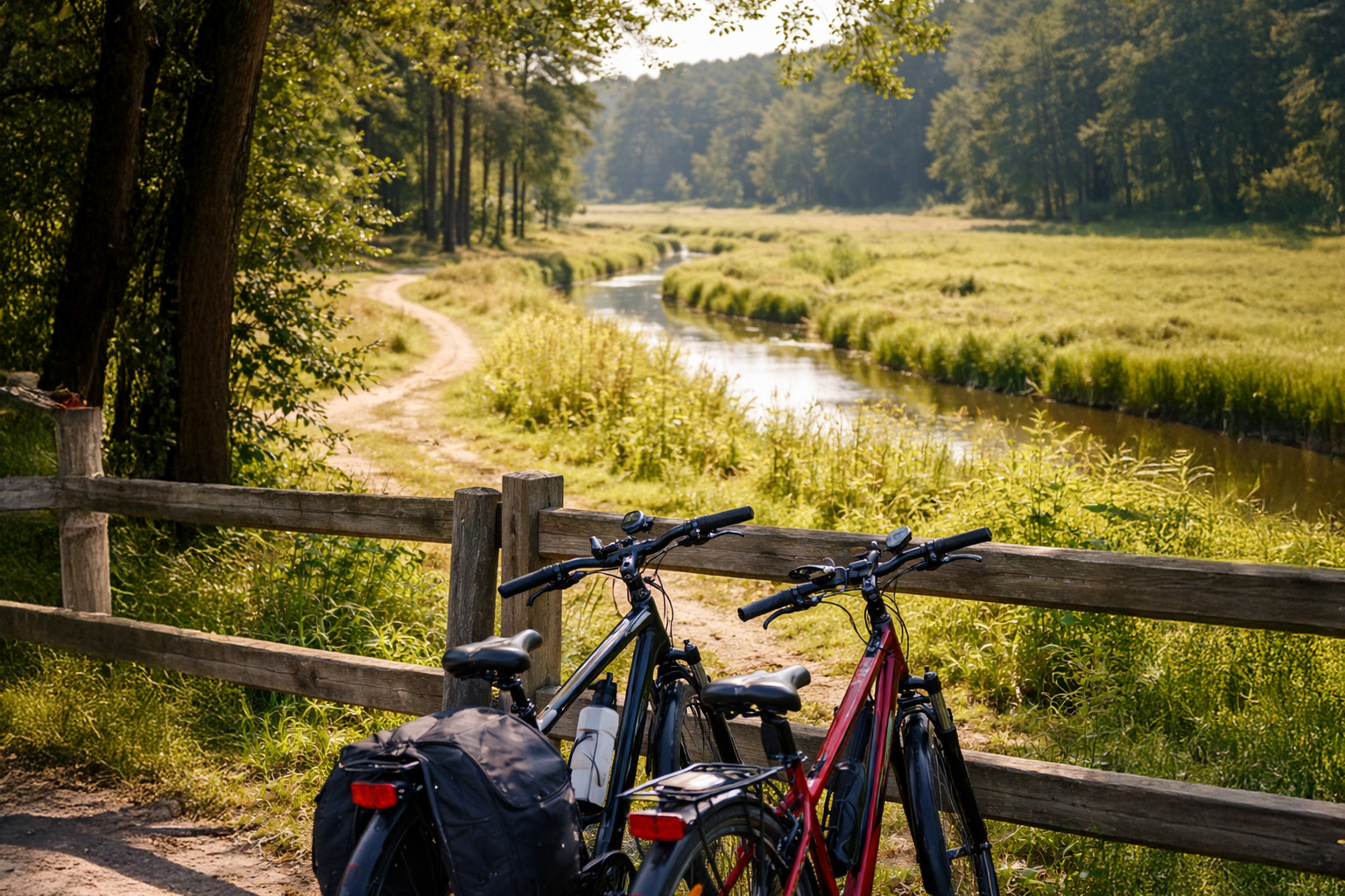 Twee e-bikes geparkeerd bij een houten hek langs een beek in een groen landschap in Brabant