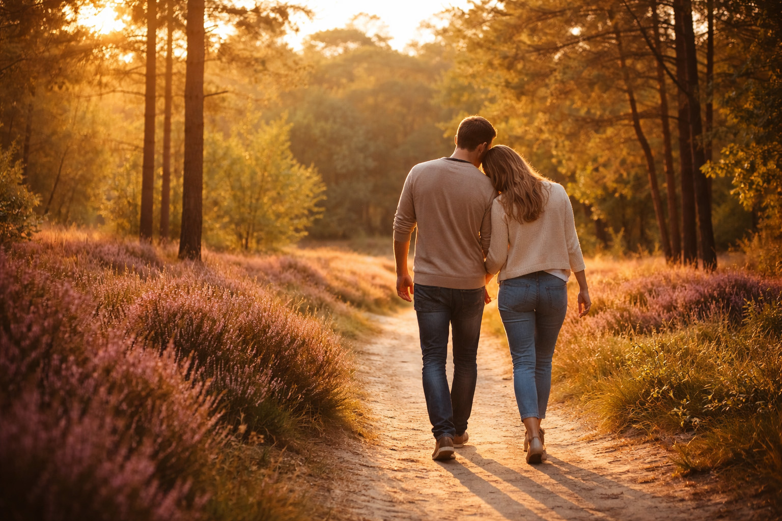 Stel wandelt hand in hand over een bospad tijdens zonsondergang in de Brabantse natuur