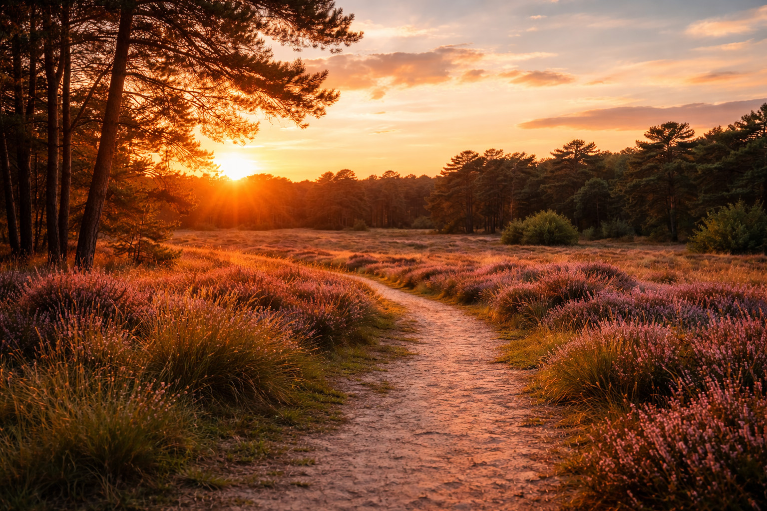 Zandpad door bloeiende heide tijdens zonsondergang in de Brabantse Kempen met warm avondlicht